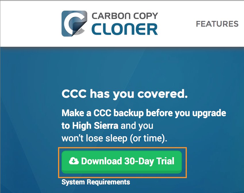 Accédez au site bombich.com pour télécharger une version d’évaluation gratuite de Carbon Copy Cloner, valable pendant 30 jours